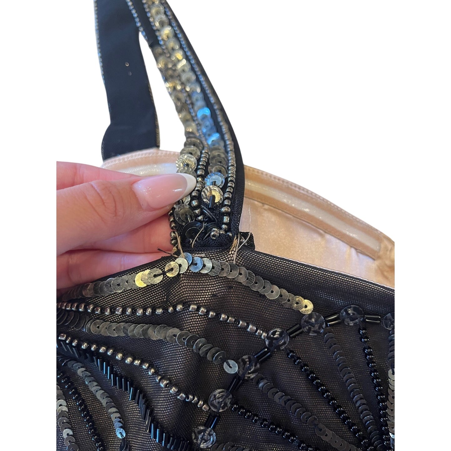 Bebe Black Beaded Sequin Fringe Bodycon Cocktail Dress Size S Gatsby Party Mini
