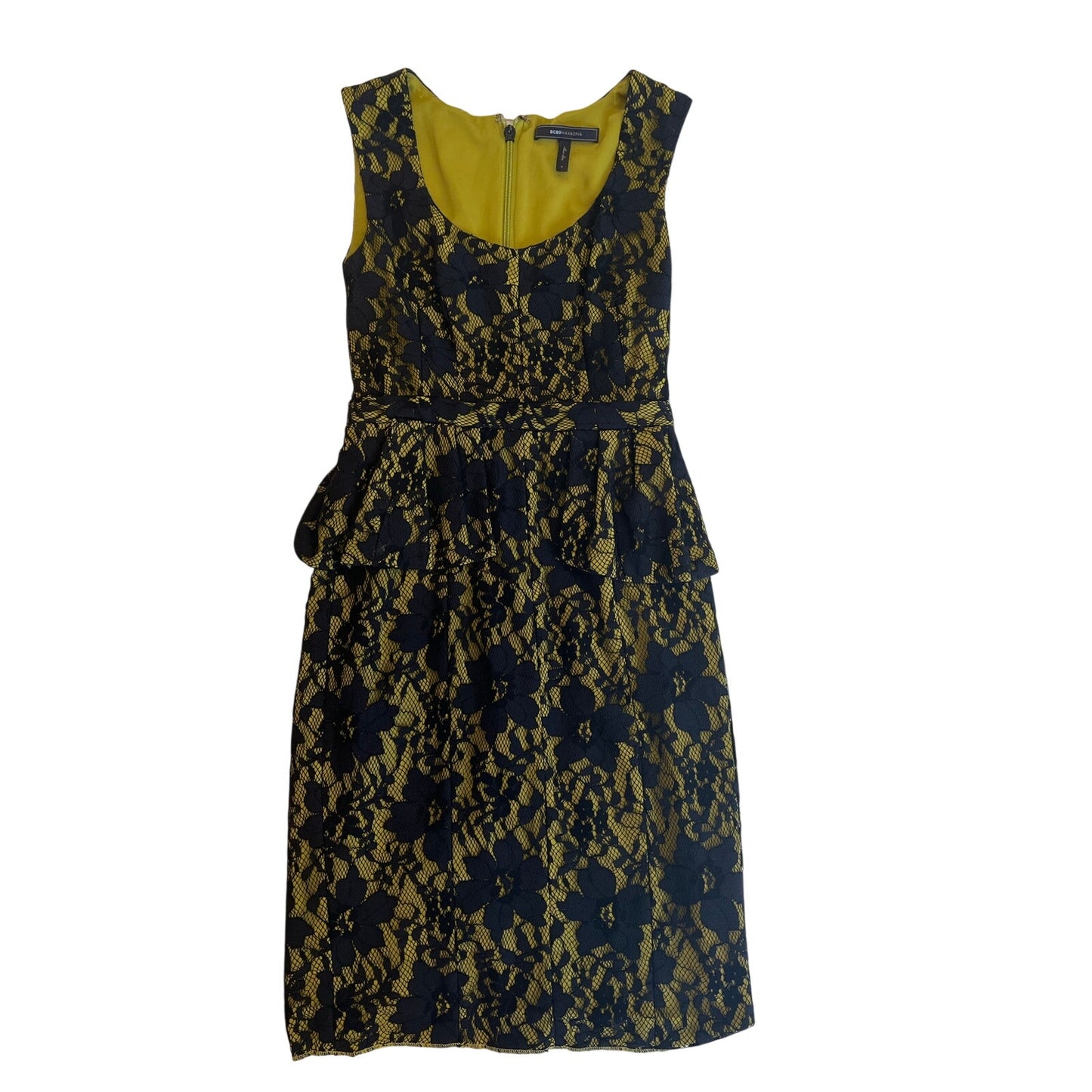 BCBGMAXAZRIA Etna Peridot Black Lace Peplum Sheath Dress Size 0 Cocktail
