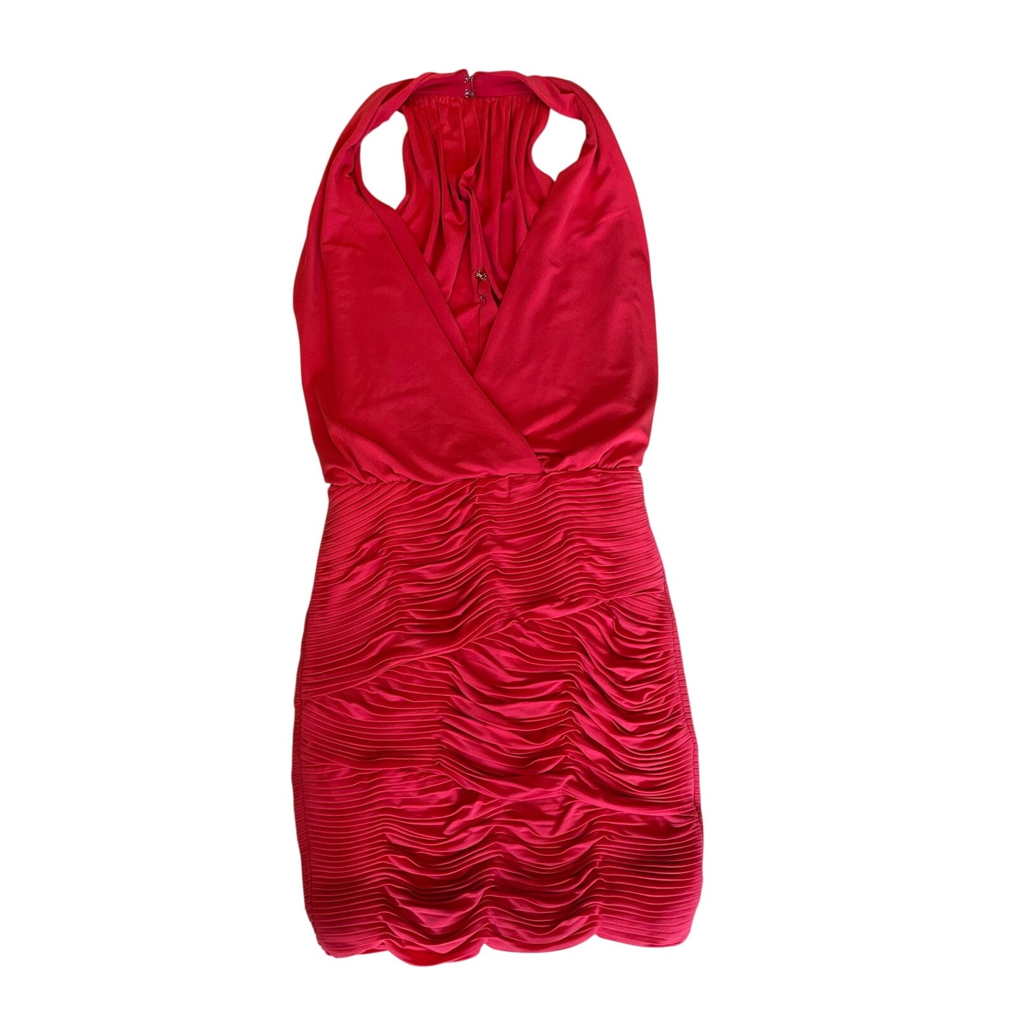 BCBGMAXAZRIA Runway XS Red Halter Ruched Bodycon Cocktail Mini Dress Open Back