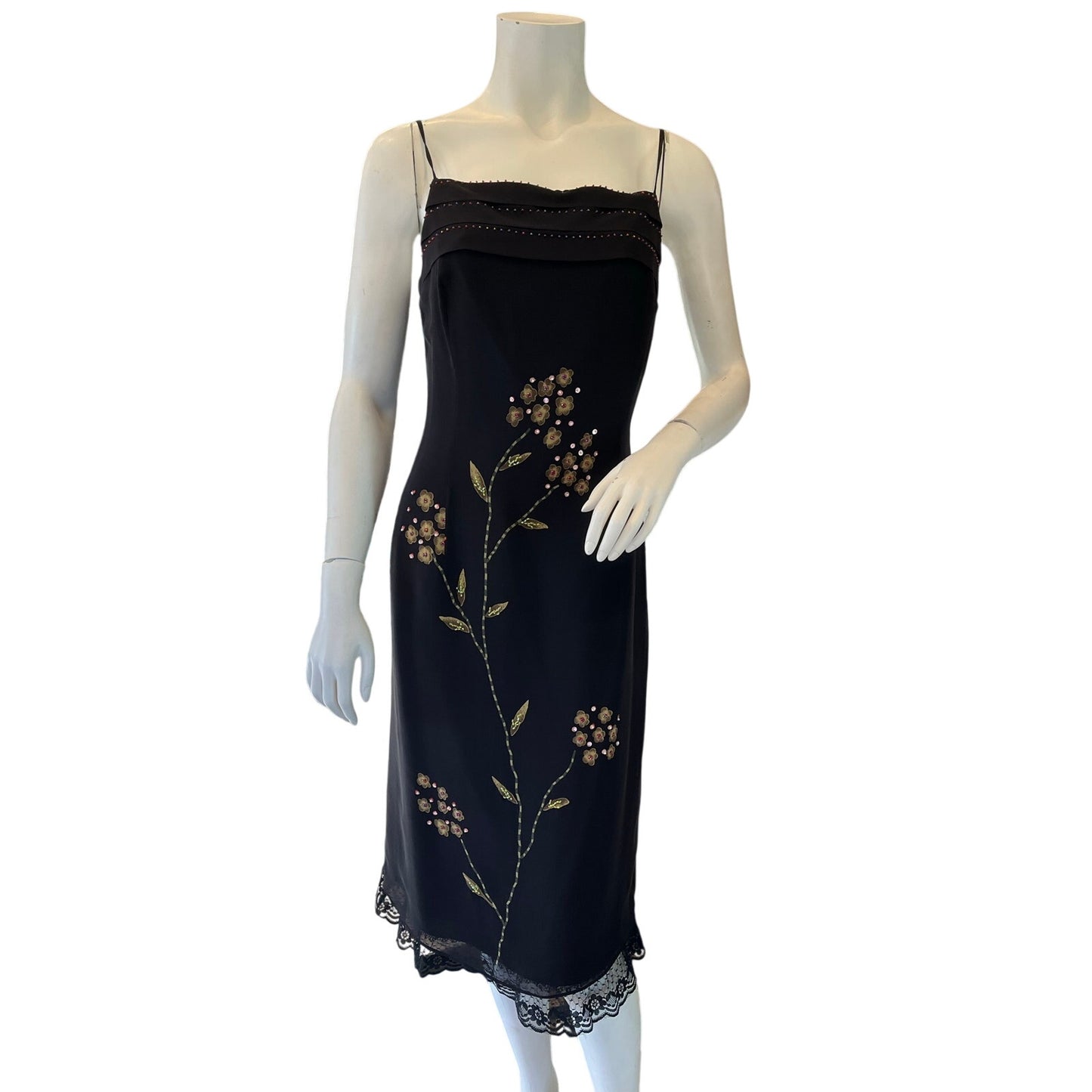 Papell Boutique Evening 100% Silk Black Floral Beaded Slip Dress Lace Hem Size 8