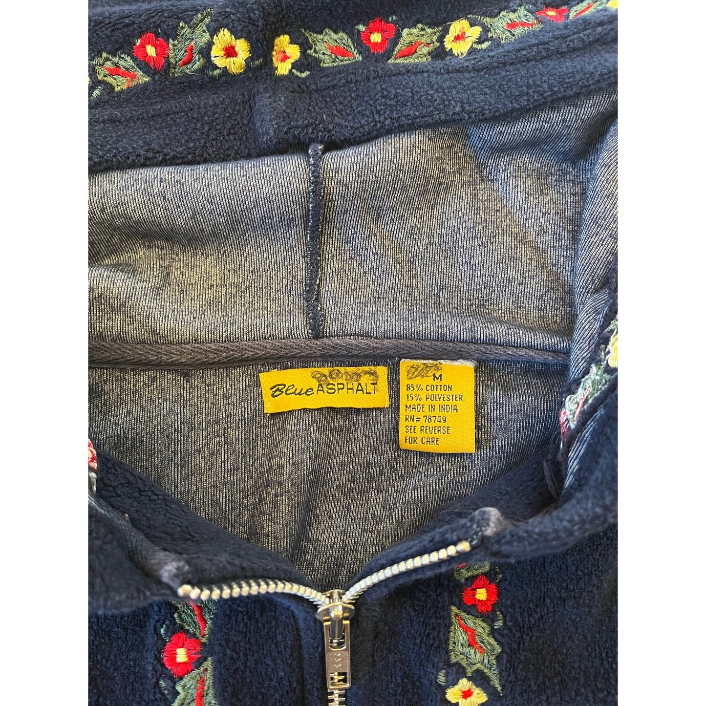 blue asphalt embroidered floral zip up