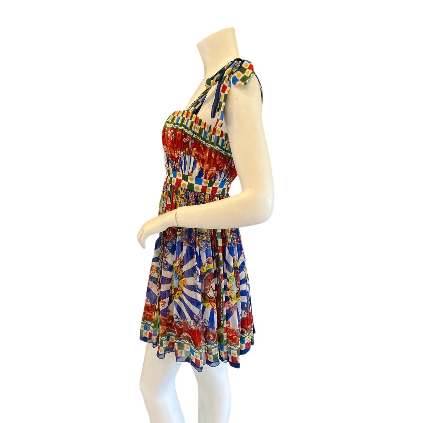 Dolce & Gabbana Carretto Siciliano Print Silk Multicolor Corset Mini Dress sz 44