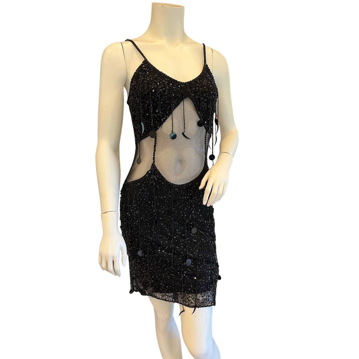 Black Beaded Sequin Mesh Illusion Cutout Bodycon Mini Dress