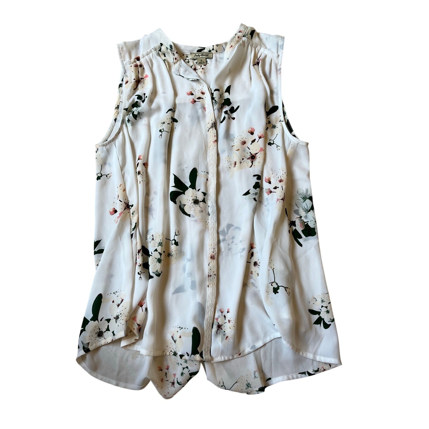 Lucky Brand Floral Sleeveless Blouse White Pink Button Front Top Size Small S