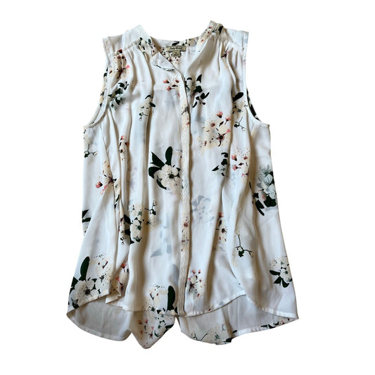 Lucky Brand Floral Sleeveless Blouse White Pink Button Front Top Size Small S