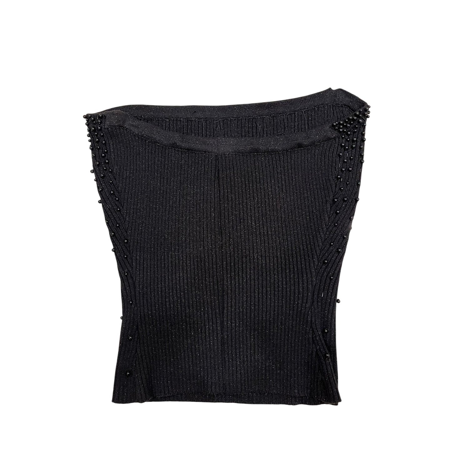 Vintage Black Beaded Strapless Tube Top Ribbed Knit Stretch Party Y2K Size S