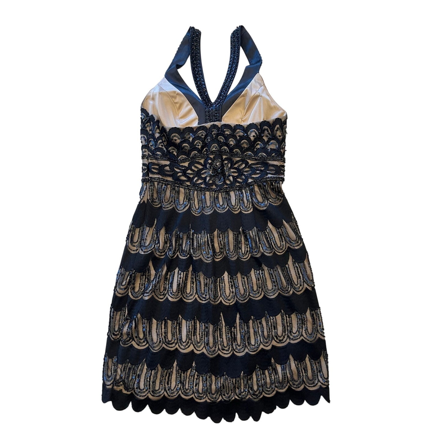 NWT Sue Wong Nocturne Beaded Sequin Art Deco Cocktail Dress Black Nude 12