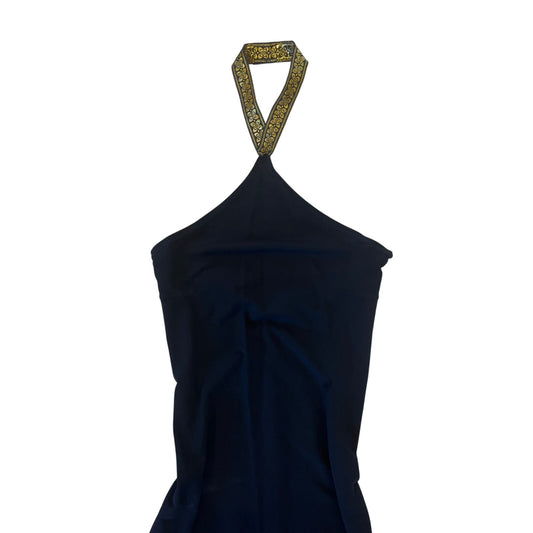 Y2K Black Halter Mini Dress Gold Brocade Neck Strap Bodycon Cocktail Party Dress