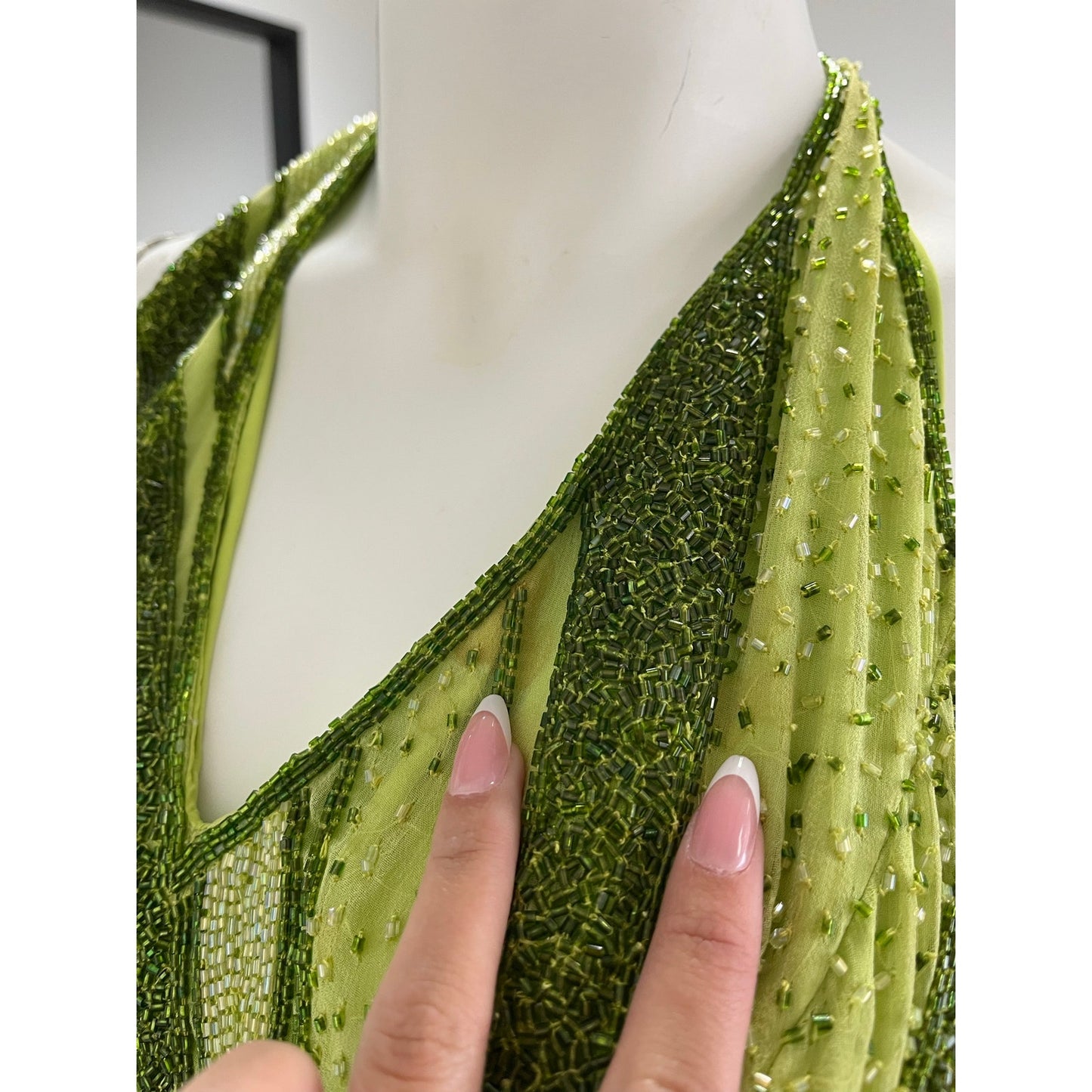 Vintage Caché Silk Beaded Halter Evening Gown Lime Green Y2K Formal Dress Large