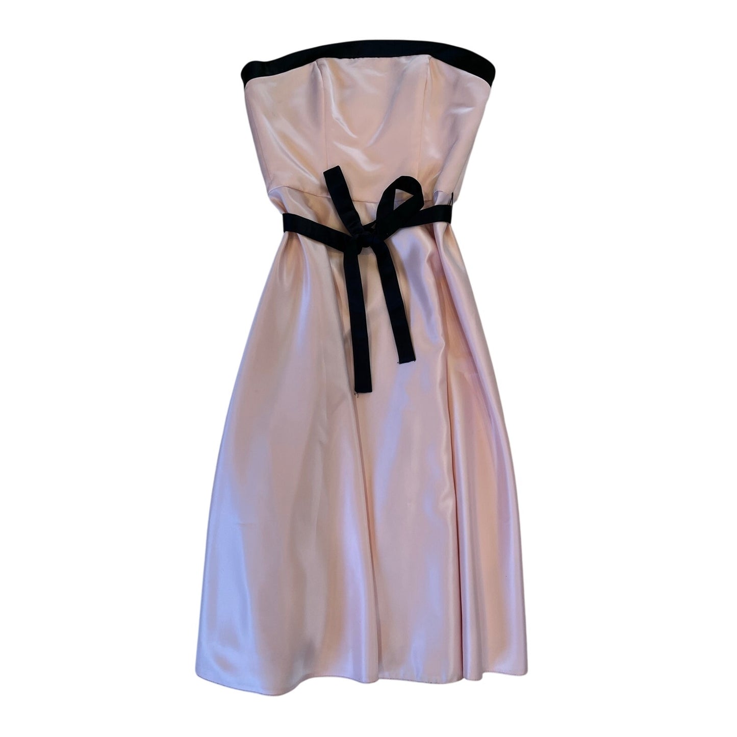 Poly USA Pink Black Strapless Satin Midi Dress Belted Formal Cocktail Dress M