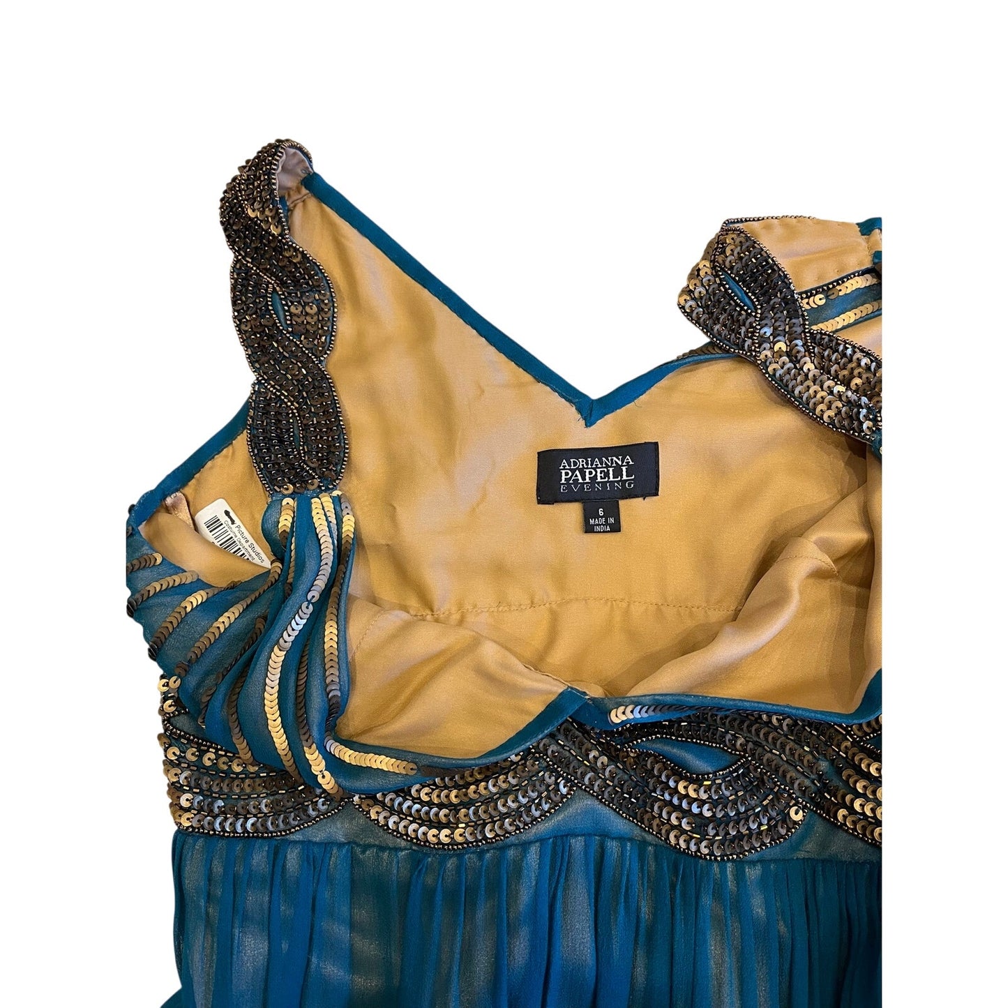 Adrianna Papell Evening 100% Silk Beaded Teal Chiffon Cocktail Dress Size 6