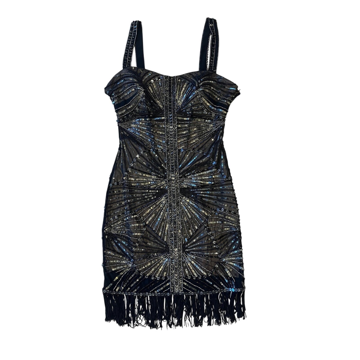 Bebe Black Beaded Sequin Fringe Bodycon Cocktail Dress Size S Gatsby Party Mini