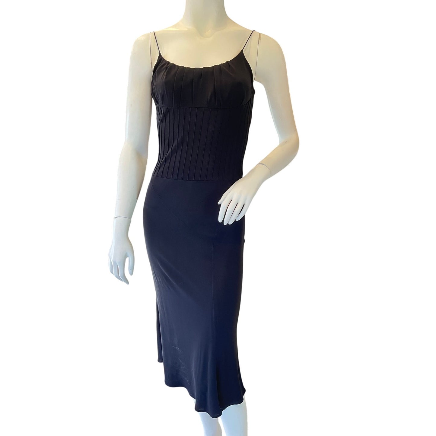 Black Sleeveless Pleated Bust Corset Midi Dress Fitted Slip Dress