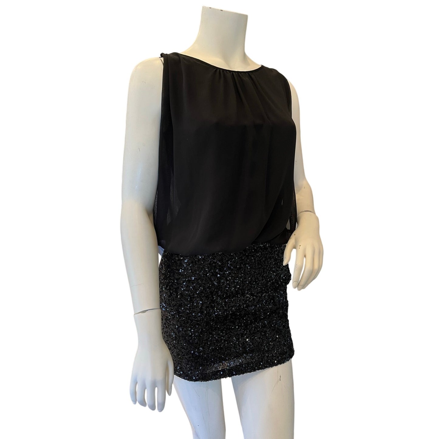 Aidan Mattox Size 0 Black Chiffon Sequin Blouson Mini Dress