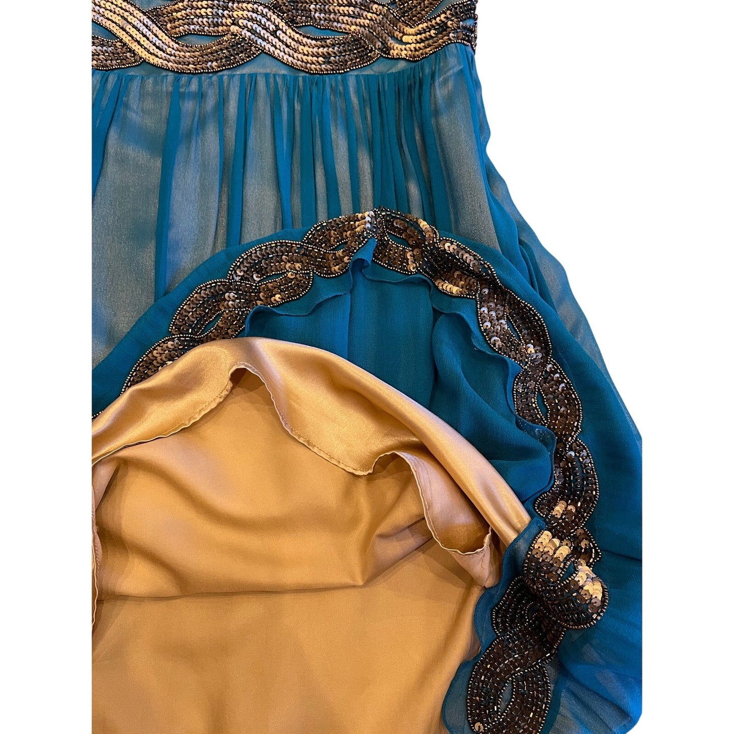 Adrianna Papell Evening 100% Silk Beaded Teal Chiffon Cocktail Dress Size 6