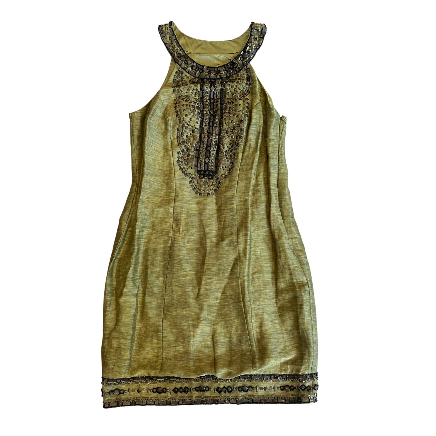 Olive Green Beaded Sequin Embellished Shift Cocktail Dress Sleeveless