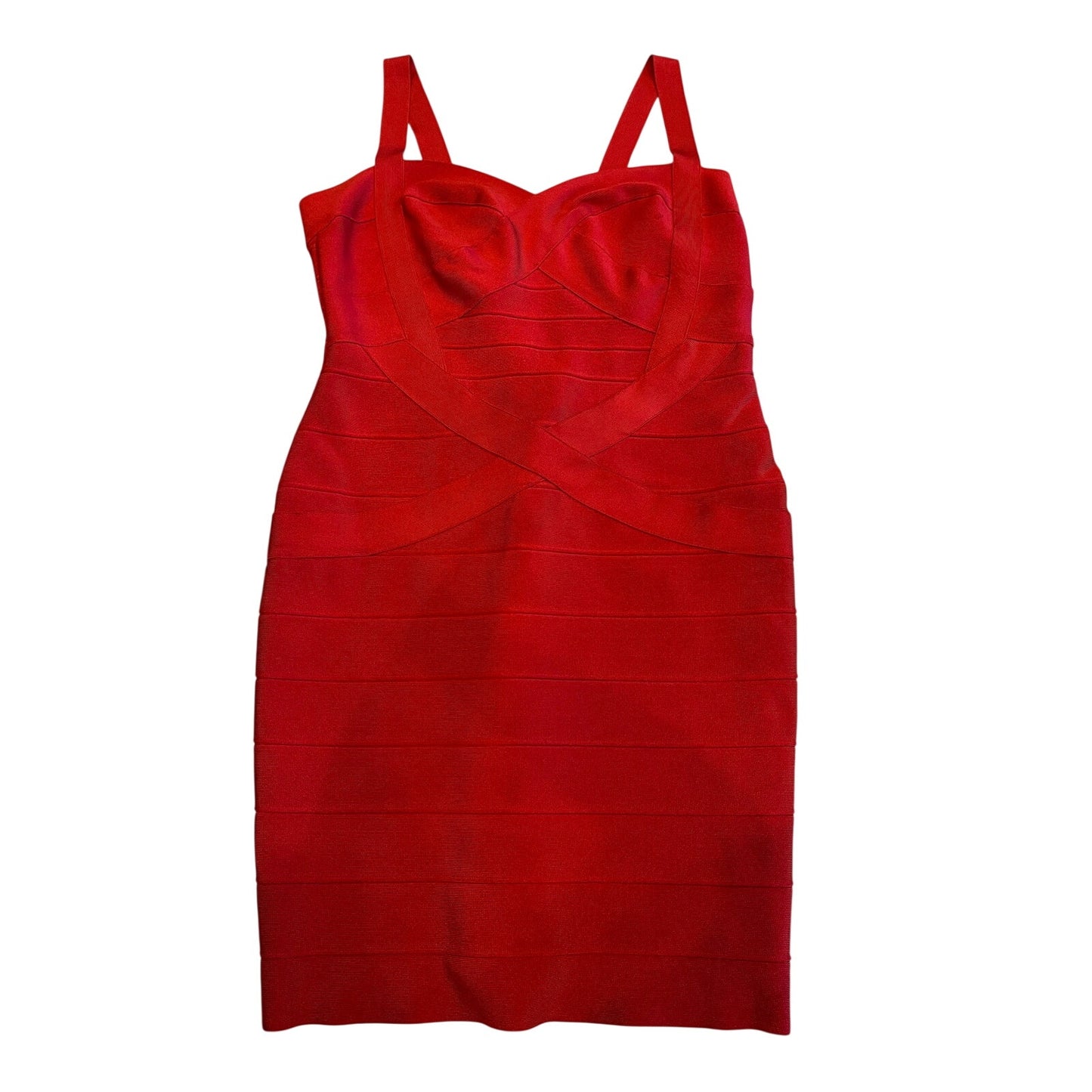 Red Bandage Bodycon Midi Dress Size Large Bustier Crisscross Strap Cocktail