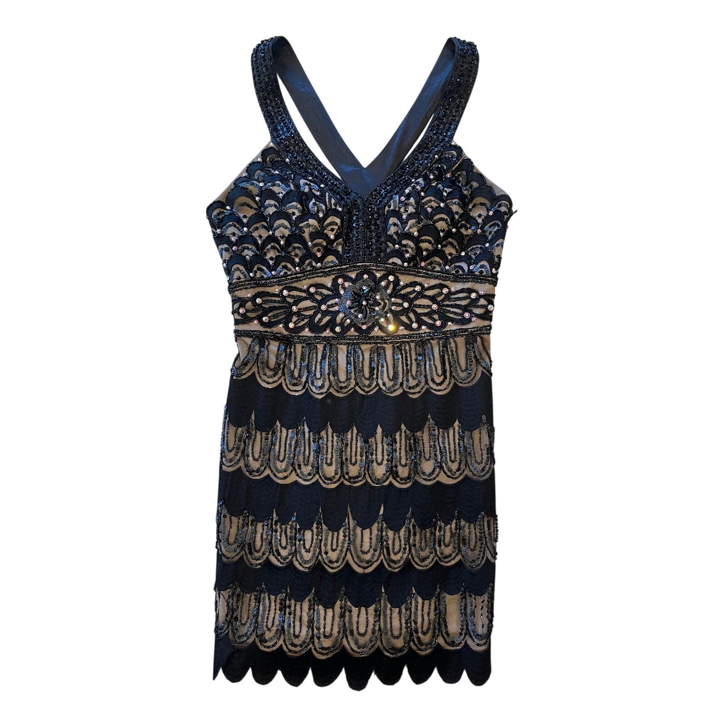 Sue Wong Nocturne Beaded Sequin Cocktail Dress Black Nude Art Deco Size 2