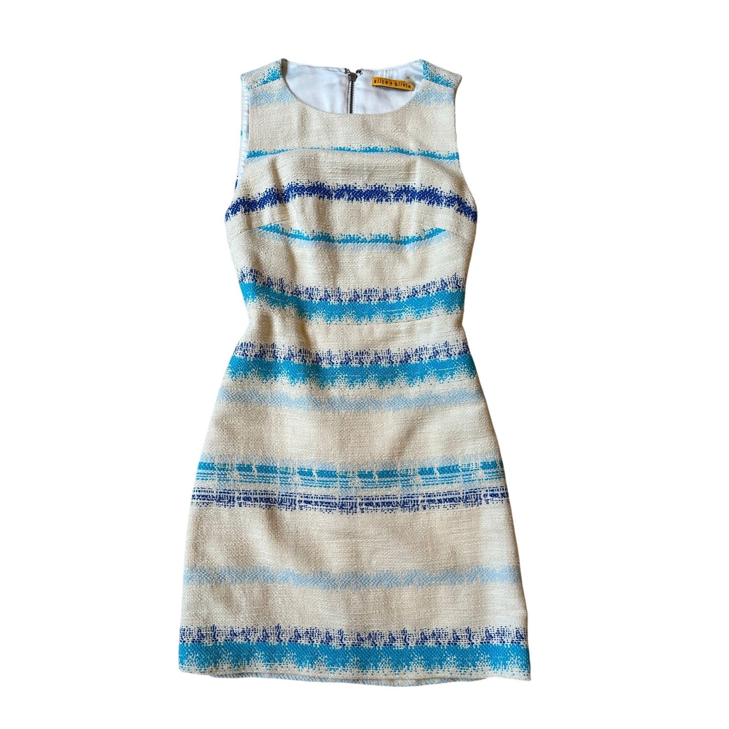 Alice + Olivia Ivory Blue Tweed Open Back Sheath Dress Size 0