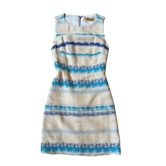 Alice + Olivia Ivory Blue Tweed Open Back Sheath Dress Size 0