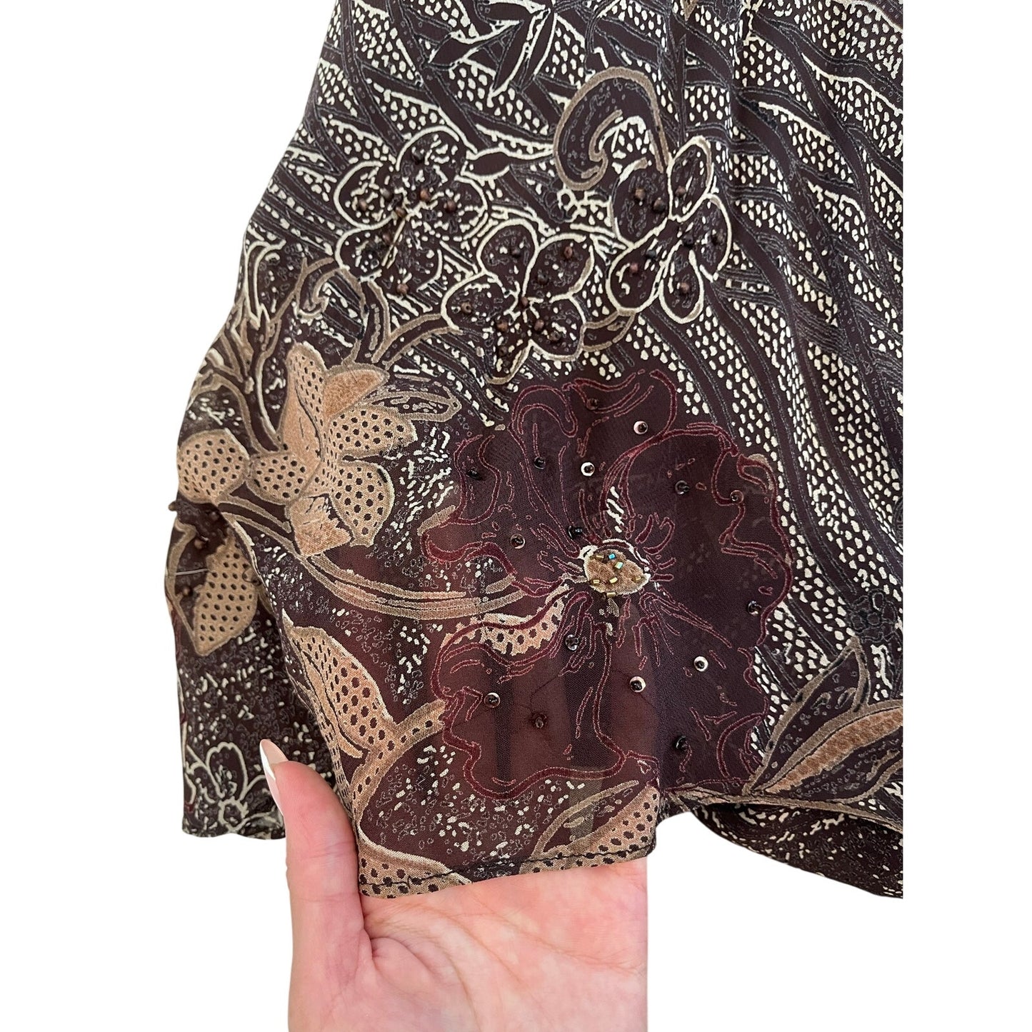 Eva Blue Brown Floral Beaded Handkerchief Hem Midi Dress Rayon Size 6 Boho