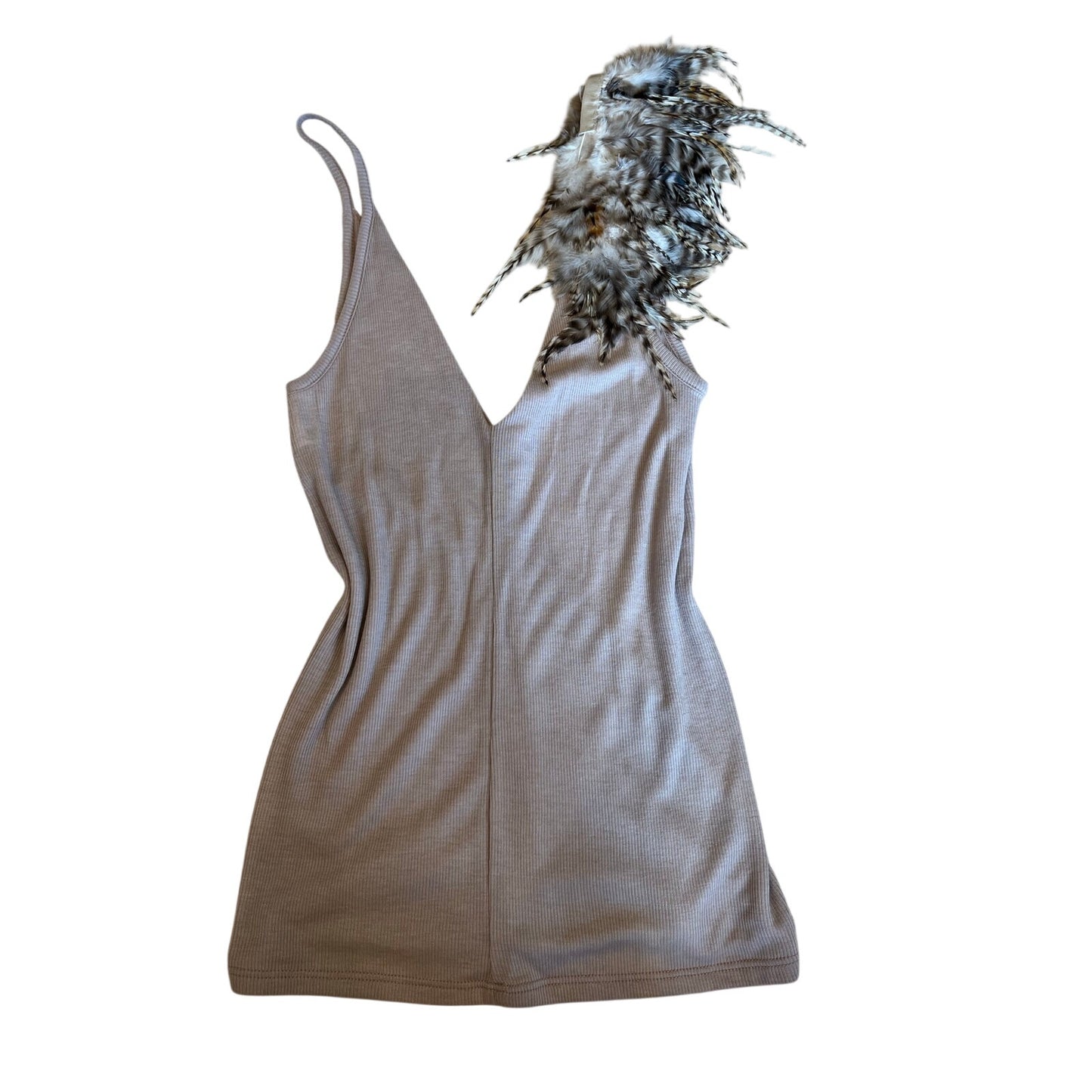 Elizabeth and James Feather Shoulder Ribbed Tank Top Taupe XS Made in USA