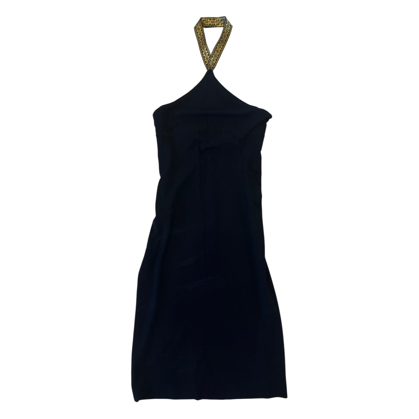 Y2K Black Halter Mini Dress Gold Brocade Neck Strap Bodycon Cocktail Party Dress
