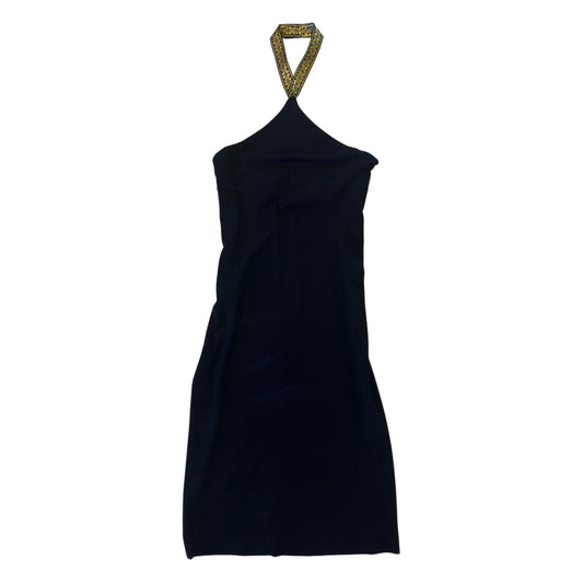 Y2K Black Halter Mini Dress Gold Brocade Neck Strap Bodycon Cocktail Party Dress