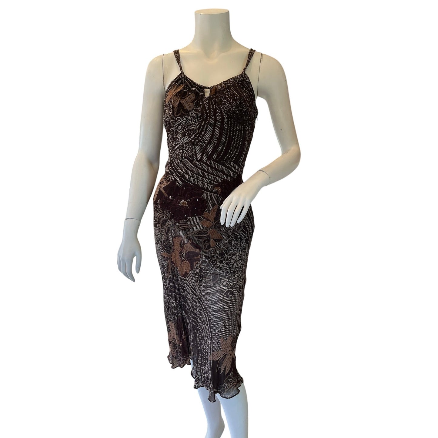 Eva Blue Brown Floral Beaded Handkerchief Hem Midi Dress Rayon Size 6 Boho