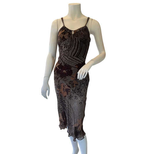Eva Blue Brown Floral Beaded Handkerchief Hem Midi Dress Rayon Size 6 Boho