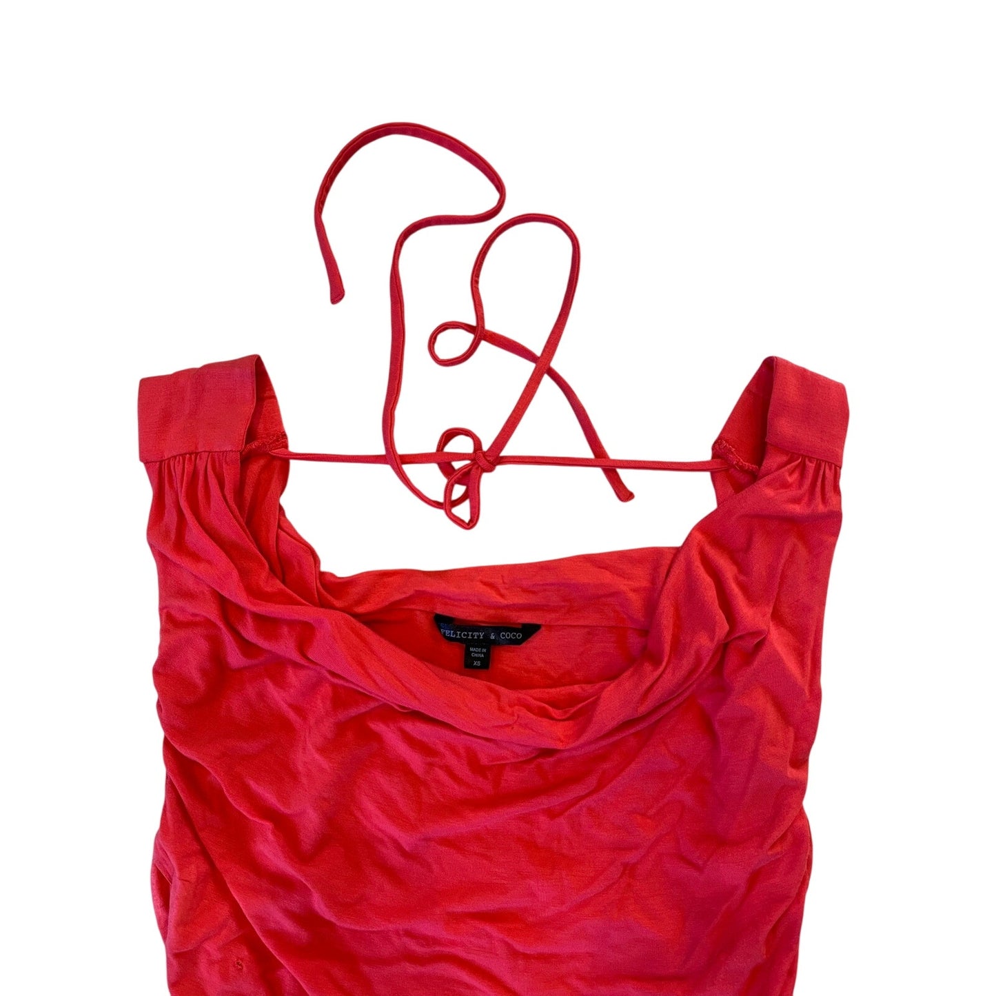 Felicity & Coco Red Ruched Midi Dress XS Cowl Neck Open Back Bodycon