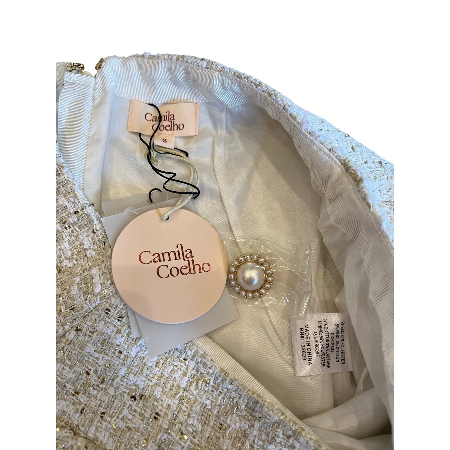 Camila Coelho Ivory Tweed Sequin Pearl Button Mini Skirt Size S NWT