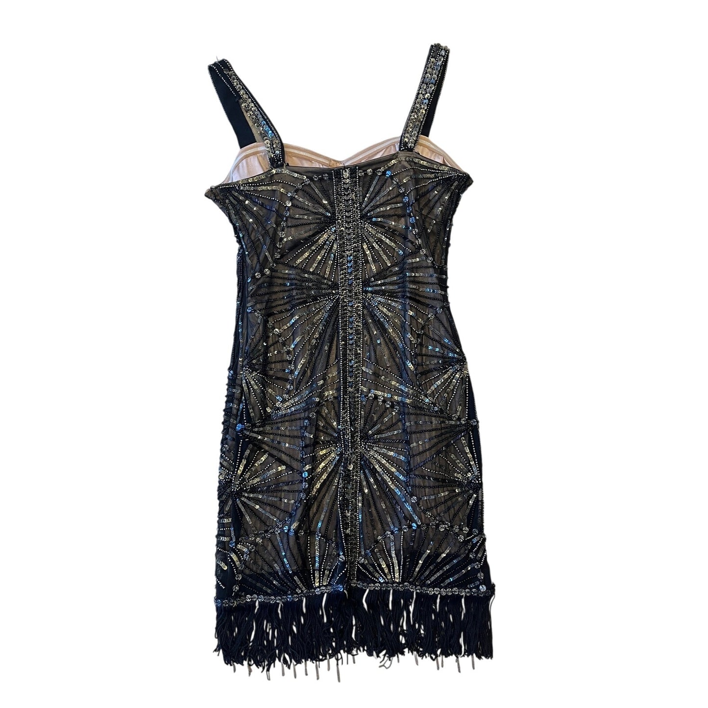 Bebe Black Beaded Sequin Fringe Bodycon Cocktail Dress Size S Gatsby Party Mini