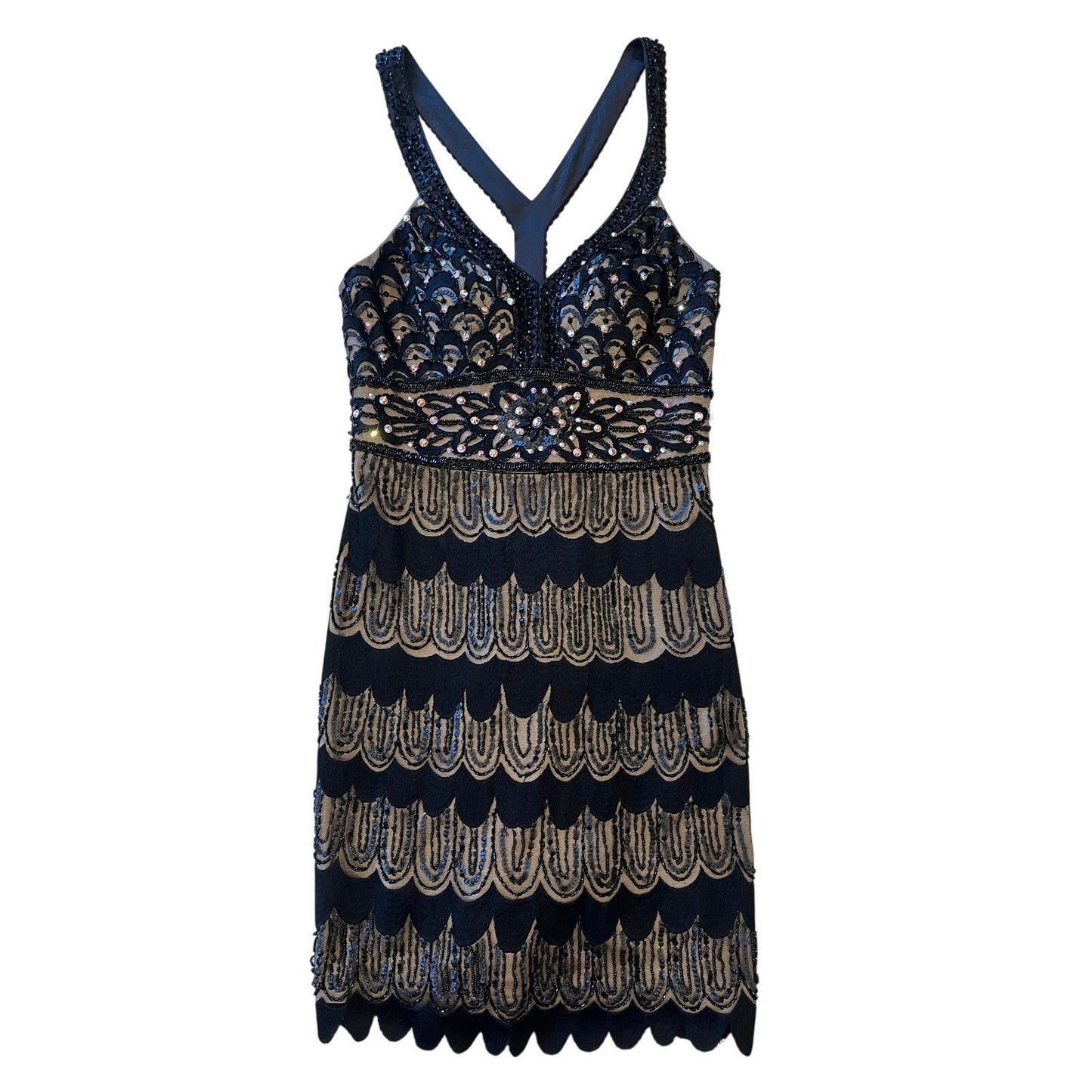 Sue Wong Nocturne Black Nude Beaded Embroidered Cocktail Dress Size 4