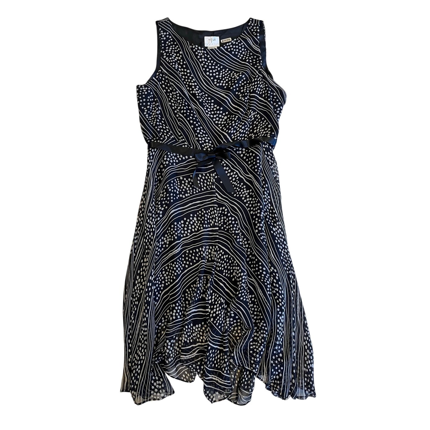 Vivid Apparel 100% Silk Navy White Polka Dot Handkerchief Hem Dress Size 12