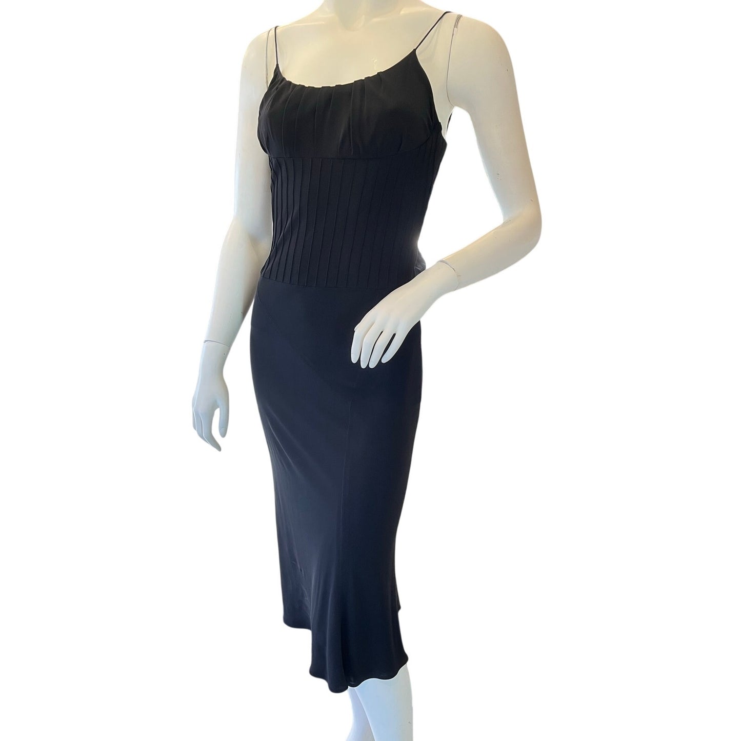 Black Sleeveless Pleated Bust Corset Midi Dress Fitted Slip Dress