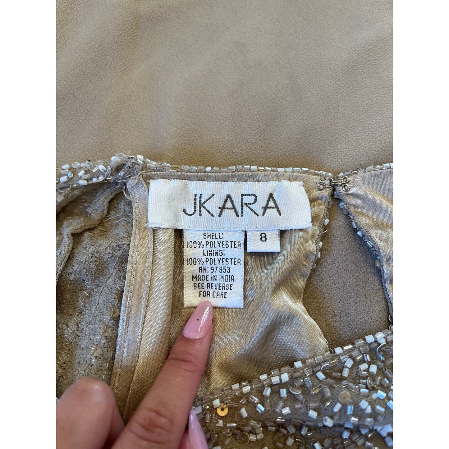 JKARA Taupe Beaded Chiffon Evening Gown Size 8 Formal Maxi Dress