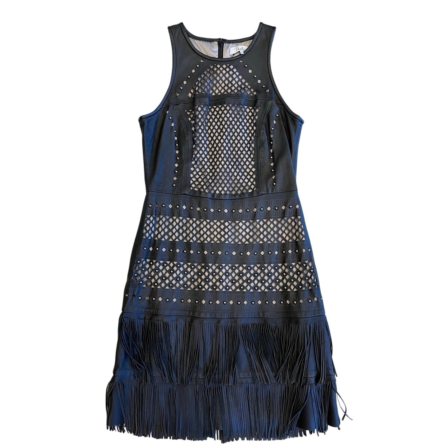 Parker Serena Black Leather Laser Cut Fringe Midi Dress XS
