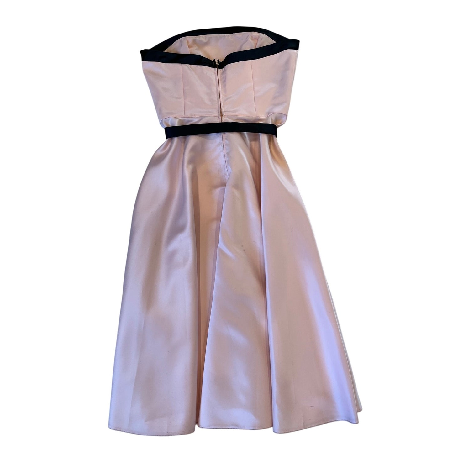 Poly USA Pink Black Strapless Satin Midi Dress Belted Formal Cocktail Dress M