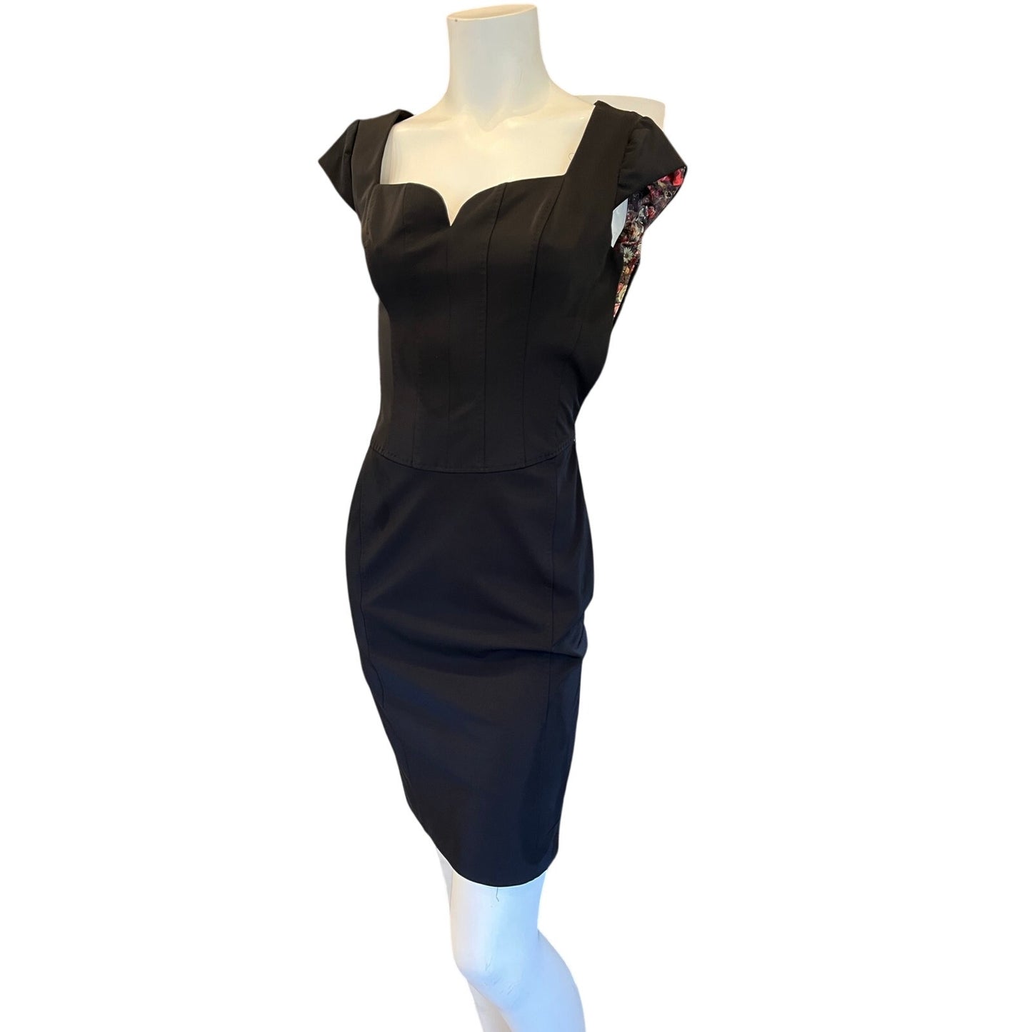 Ted Baker London Black Sweetheart Neck Sheath Dress Floral Lined Size 0 XS