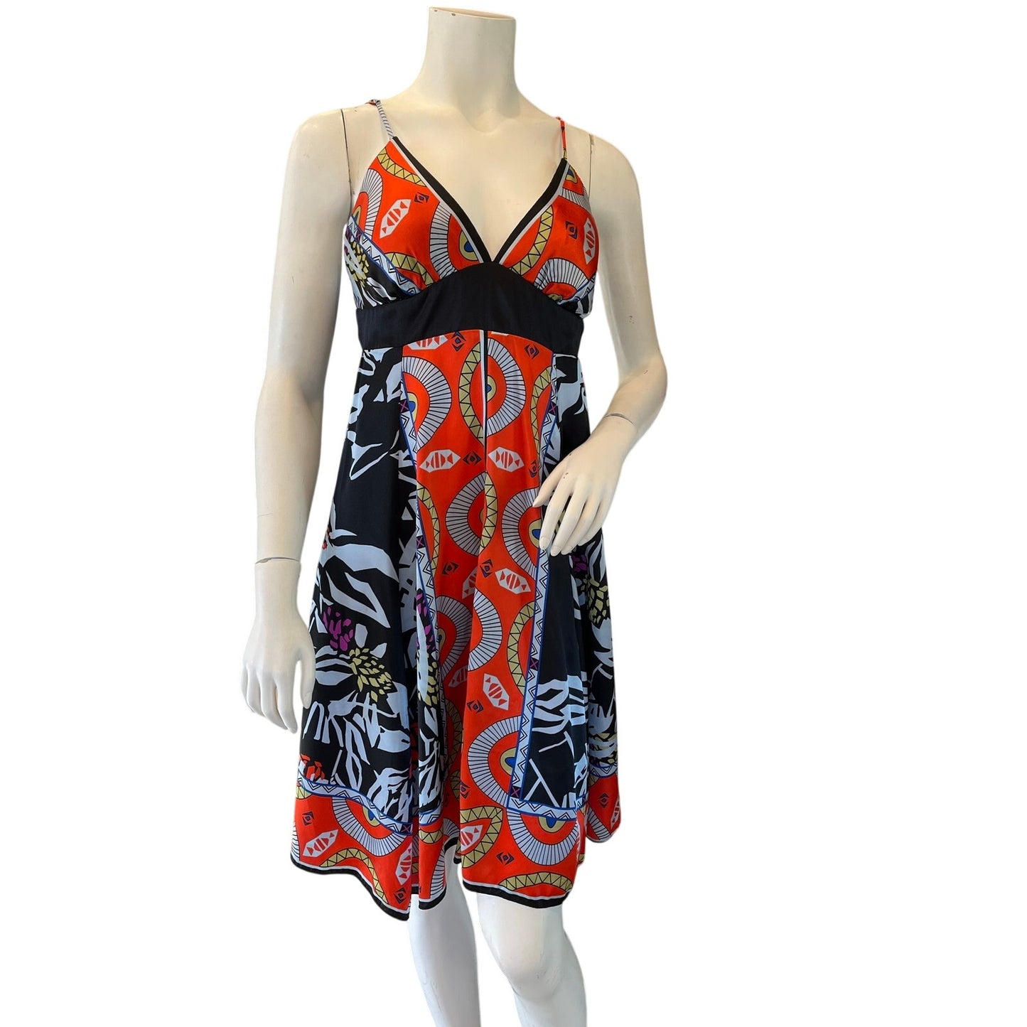 Pookie & Sebastian Printed Fit & Flare Dress Size L Spaghetti Strap V-Neck Midi