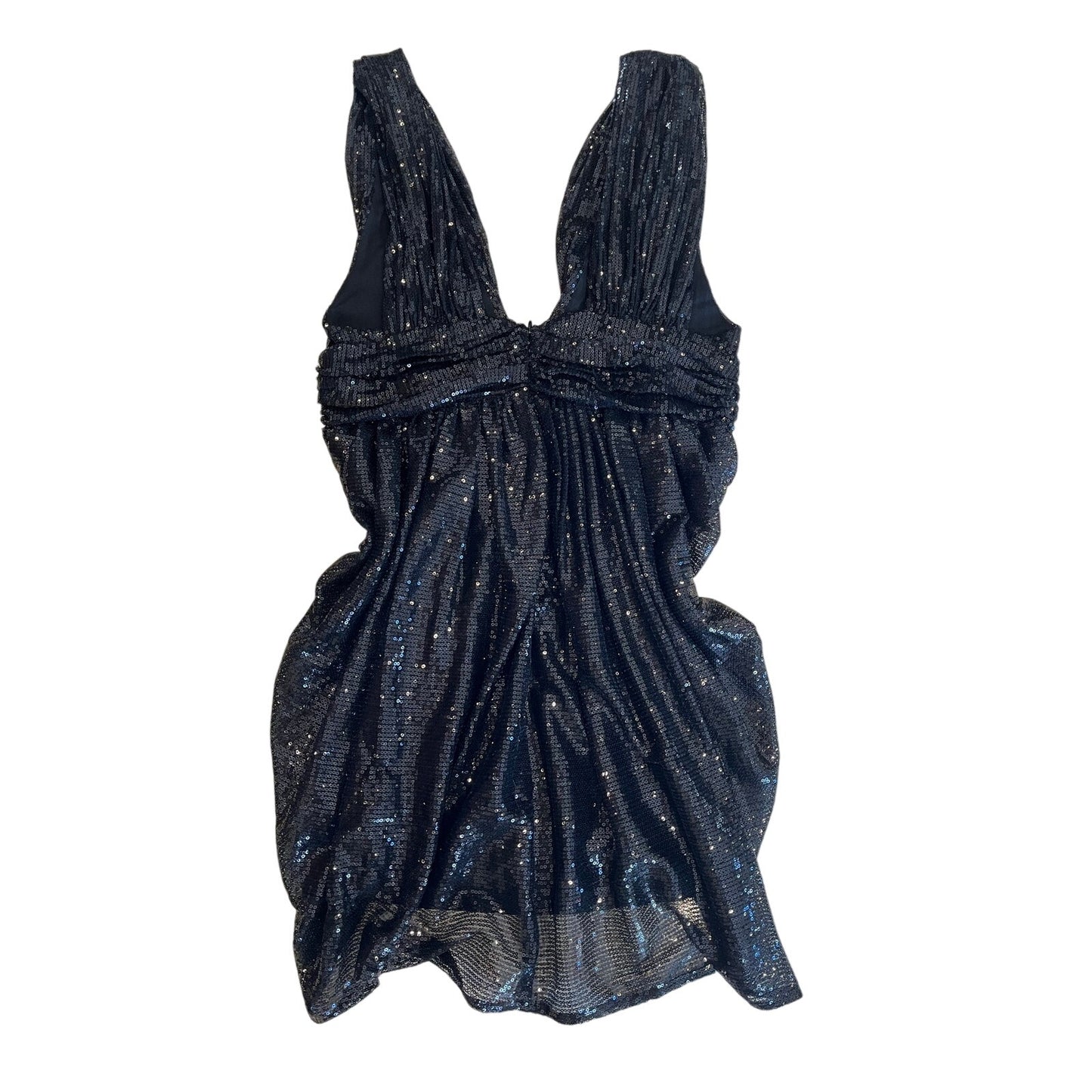 Aryn K Black Sequin Draped Tunic Top Size L Deep V Ruched Party