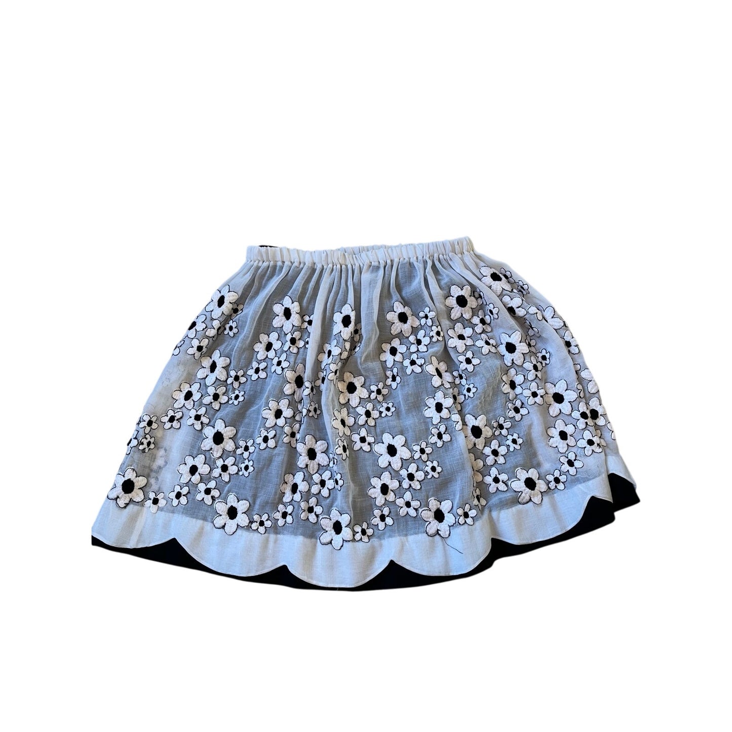 White Daisy Floral Embroidered Midi Skirt Sheer Overlay Elastic Waist Lined Boho