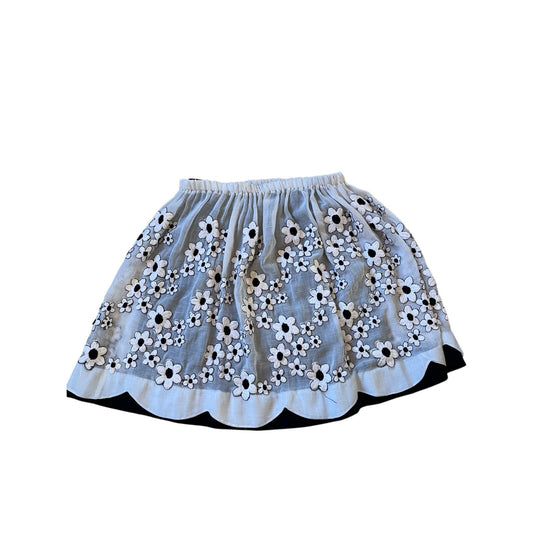 White Daisy Floral Embroidered Midi Skirt Sheer Overlay Elastic Waist Lined Boho