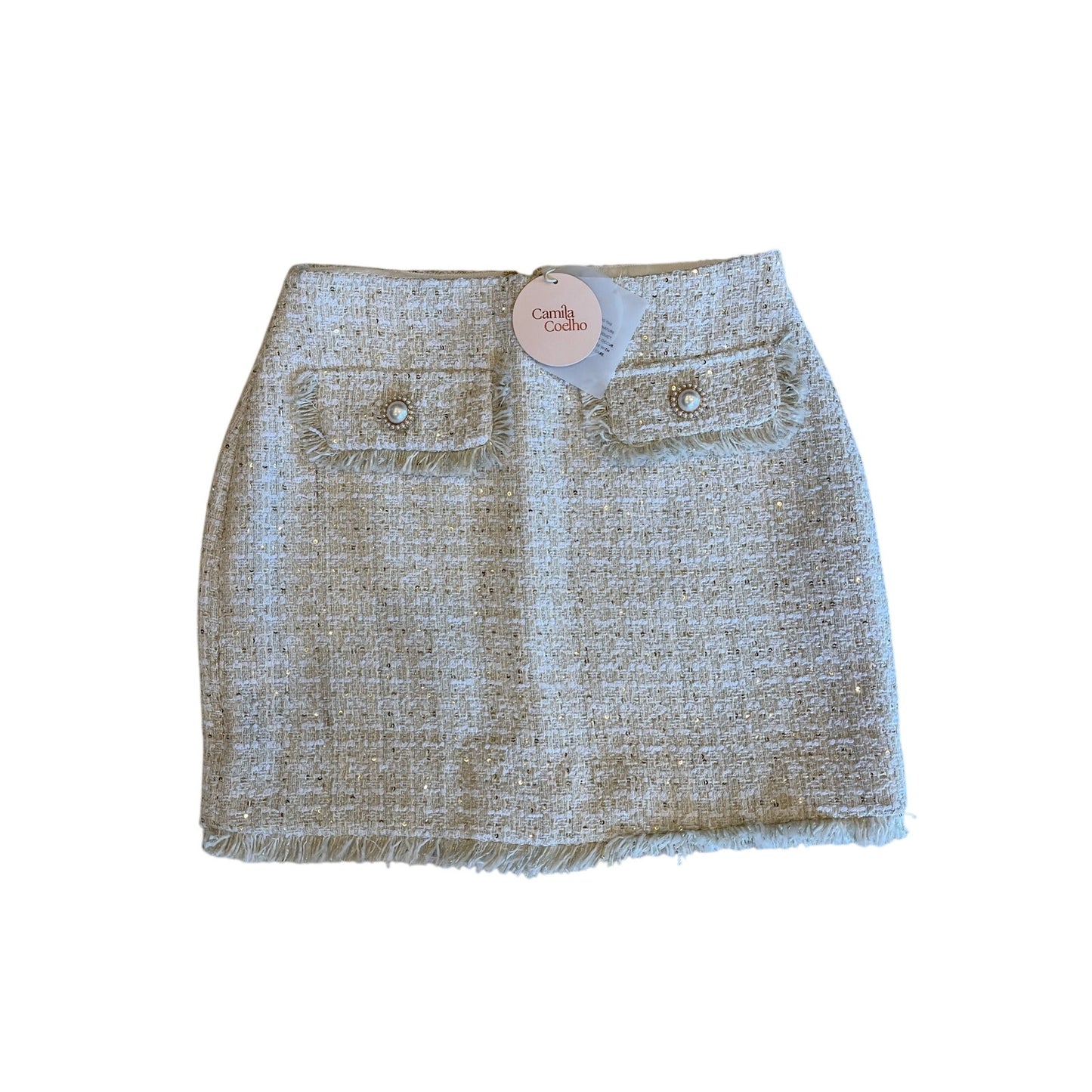 Camila Coelho Ivory Tweed Sequin Pearl Button Mini Skirt Size S NWT