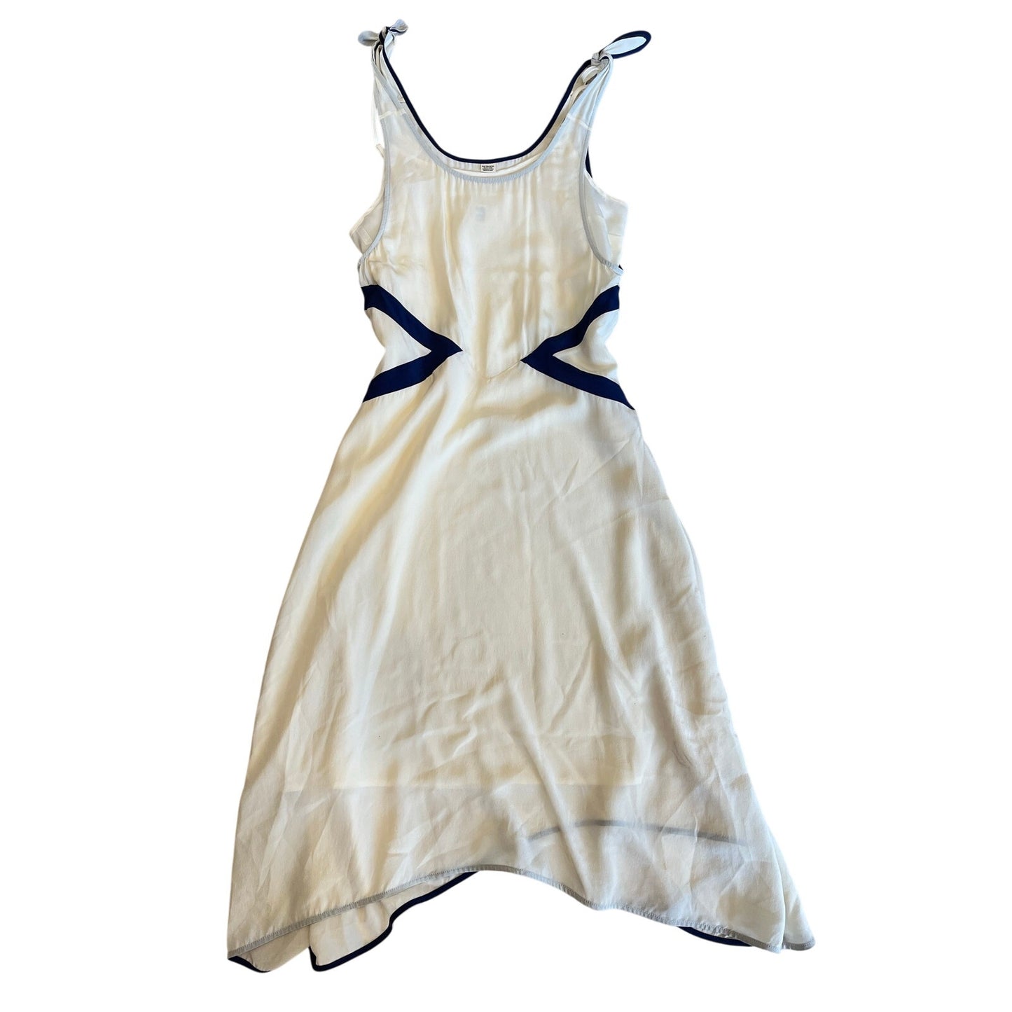 QSW Quiksilver 100% Silk Dress XS Ivory Navy Asymmetrical Midi 2012