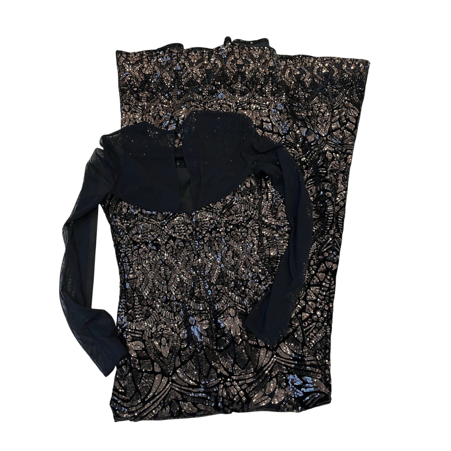 Betsy & Adam Black Bronze Sequin Mesh Sleeve Formal Evening Gown Dress Size 4