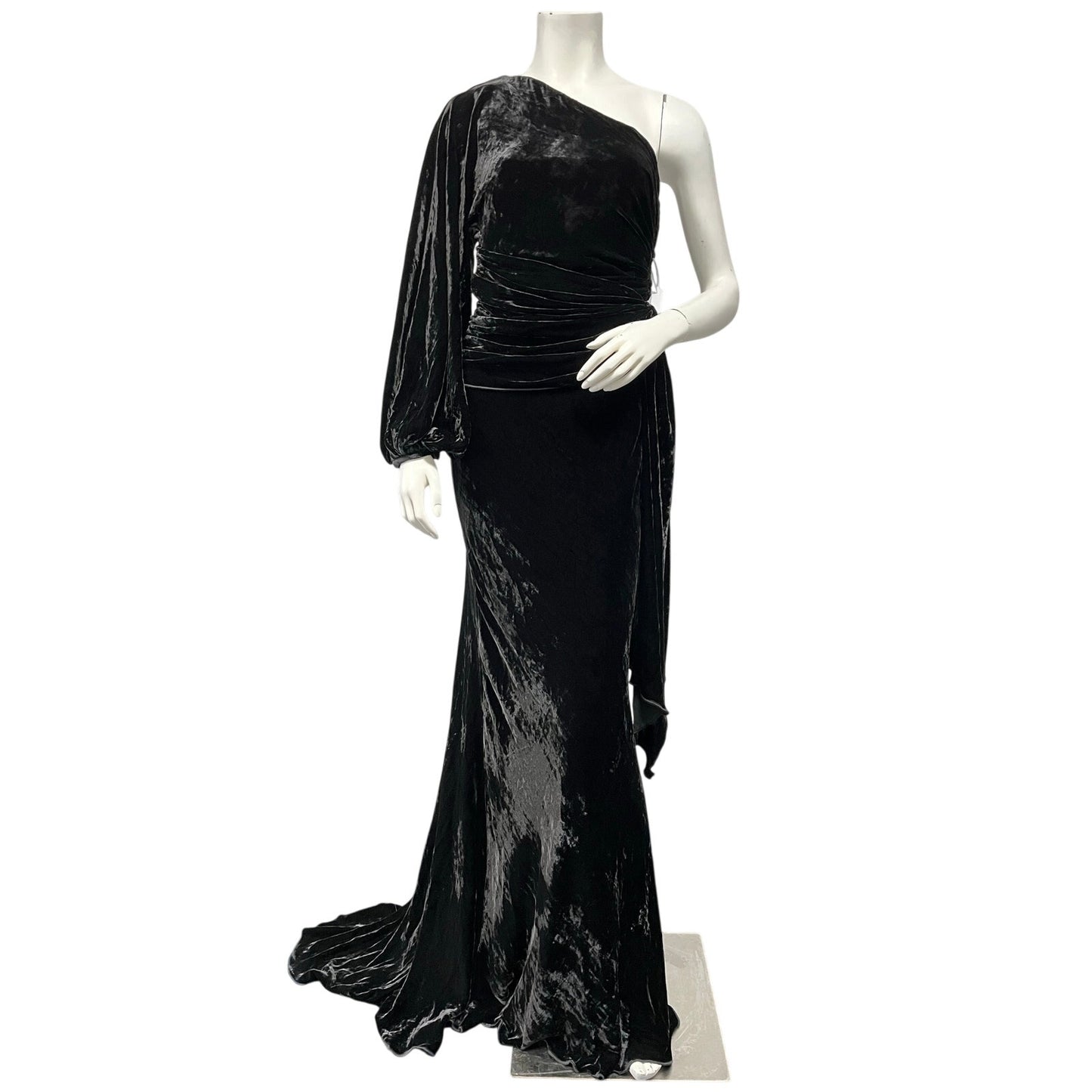 NWT Maria Lucia Hohan Amaris Black Silk Velvet One Shoulder Evening Gown US 4