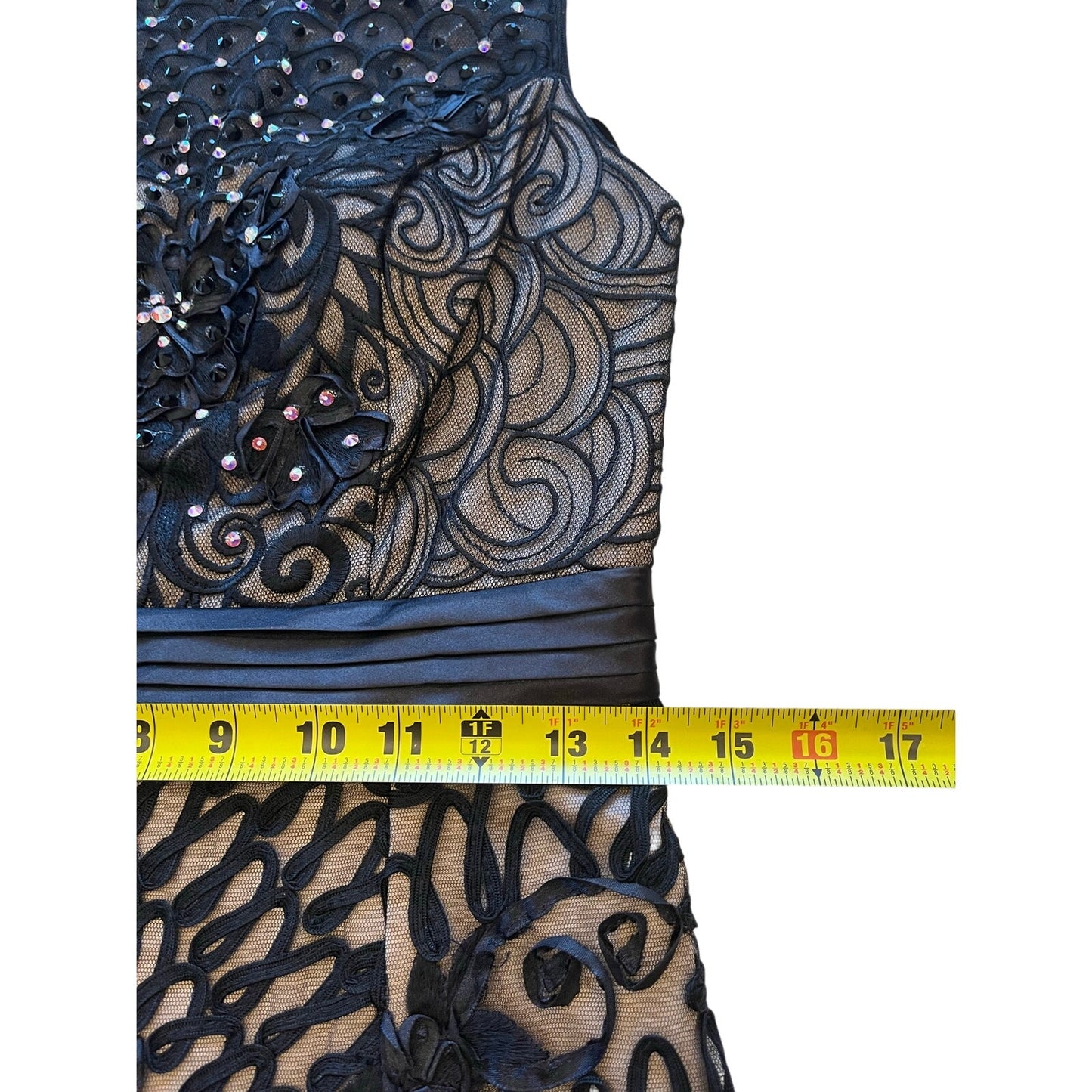 Sue Wong Black Nude Embroidered Mesh Cocktail Dress Floral Beaded Size 10