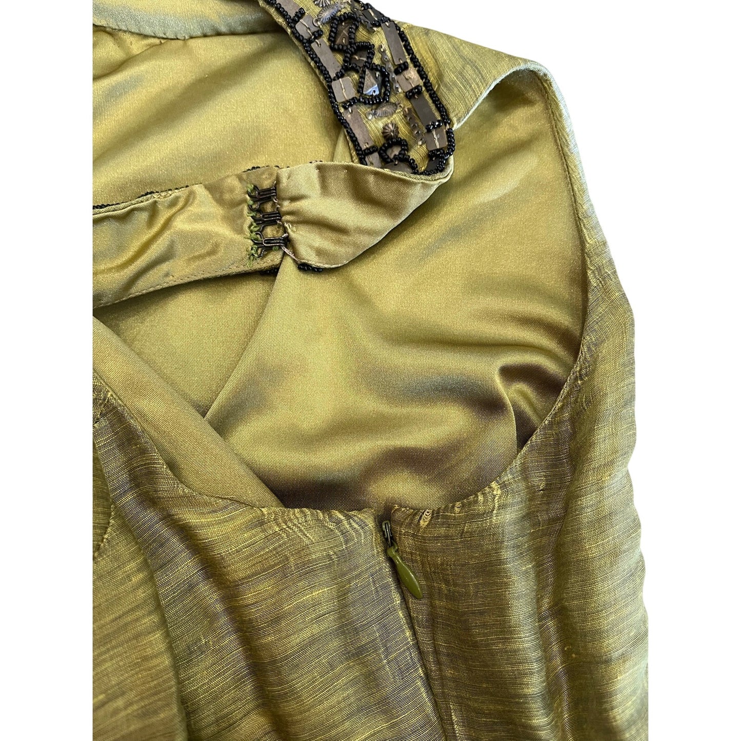 Olive Green Beaded Sequin Embellished Shift Cocktail Dress Sleeveless